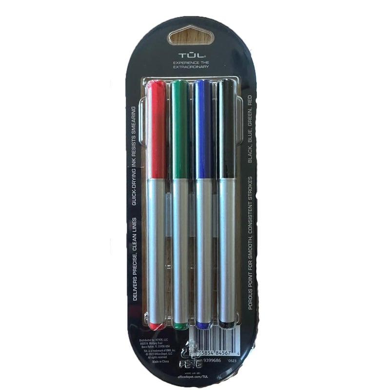 TULÂ® Fine Liner Felt-Tip Pens, Ultra-Fine, 0.4 mm, Silver Barrel, Assorted Ink Colors, Pack Of 4 Pens - Image 2